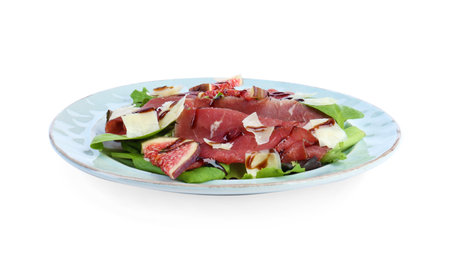 Plate with delicious bresaola salad isolated on whiteの写真素材