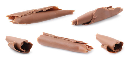 Many chocolate curls isolated on white, collectionの写真素材