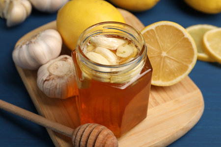 Honey with garlic in glass jar, lemons and dipper on blue wooden table, closeupの写真素材