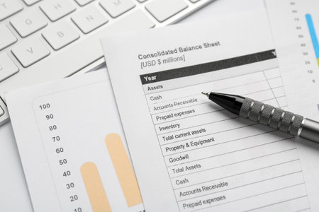 Accounting documents, pen and computer keyboard on white table, closeup