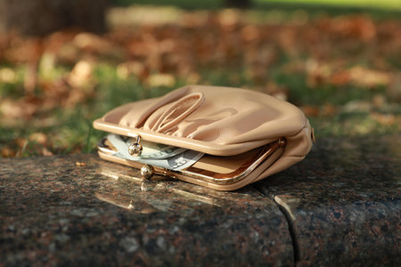 Beige leather purse on stone curb, closeup. Lost and found