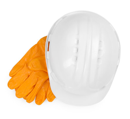 Hard hat and gloves isolated on white, top view. Safety equipmentの写真素材