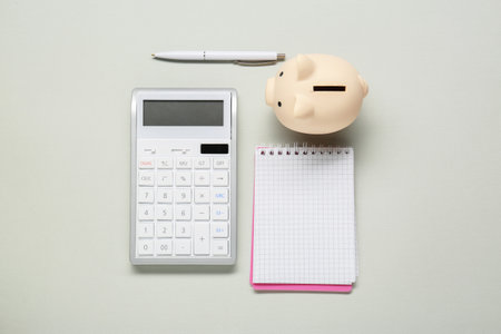 Calculator, piggy bank, notebook and pen on light gray background, flat lay