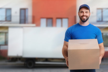 Happy courier with parcel outdoors, space for textの写真素材