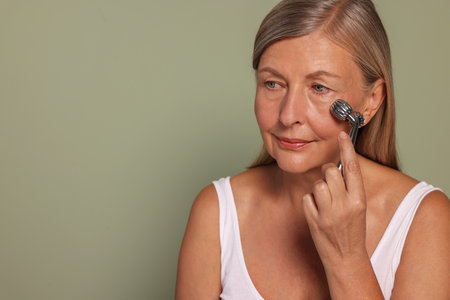 Woman massaging her face with metal roller on green background. Space for text