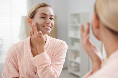 Woman applying face mask near mirror in bathroom. Spa treatmentsの写真素材