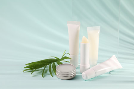 Different lip balms and palm leaf on light blue background