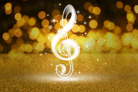 Treble clef, snowflakes against dark background with blurred lights. Bokeh effectの写真素材