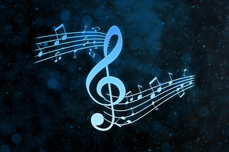 Music notes on dark background, bokeh effectの写真素材