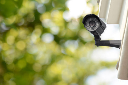 Modern security CCTV camera on building wall outdoors, space for textの写真素材