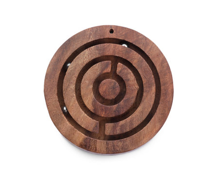 Wooden toy maze with metal balls isolated on white, top viewの写真素材