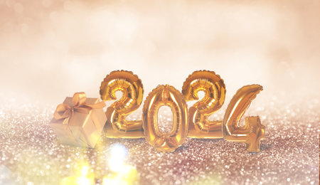 Happy New 2024 Year. Bright number shaped balloons and gift box on glitter. Banner design