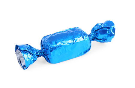 Tasty candy in light blue wrapper isolated on whiteの写真素材