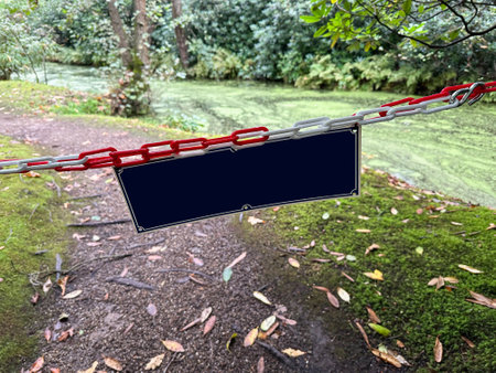 Sign Entrance Is Forbidden, bright moss, different plants and little pond near pathway in park