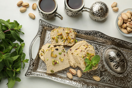 Tasty halva with pistachios and mint served on light table, flat lay