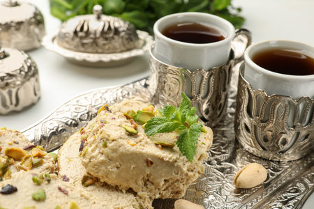 Tasty halva with pistachios and mint served on white table, closeupの写真素材