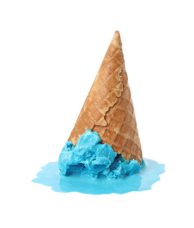 Melting ice cream in wafer cone isolated on whiteの写真素材