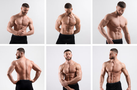 Muscular man in stylish black underwear on white background, collection of photosの写真素材