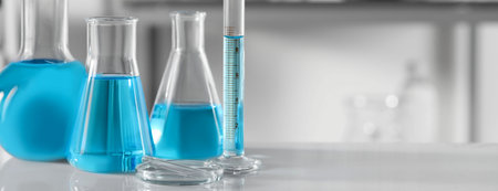 Laboratory analysis. Different glassware with liquid samples on table, space for text. Banner designの写真素材