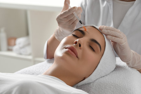 Doctor giving facial injection to young woman in clinic. Cosmetic surgeryの写真素材
