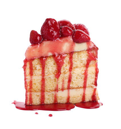 Piece of tasty cake with fresh strawberries and jam isolated on whiteの写真素材