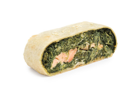 Piece of delicious strudel with salmon and spinach isolated on whiteの写真素材