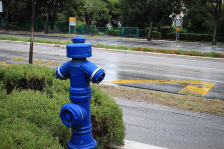 Blue metal fire hydrant on city streetの写真素材