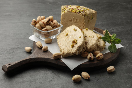 Tasty halva with pistachios and mint on gray table
