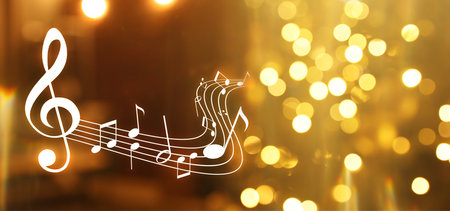 Music notes on blurred background, bokeh effect. Banner designの写真素材