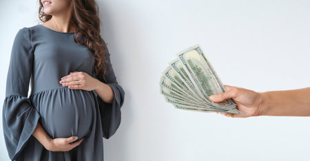Surrogacy. Intended mother with money and pregnant woman on light background, banner designの写真素材