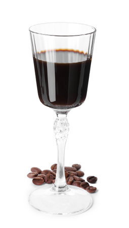 Shot glass with coffee liqueur and beans isolated on whiteの写真素材