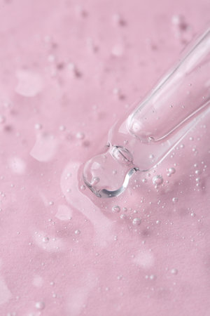 Pipette with cosmetic serum on pink background, closeupの写真素材