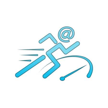 Fast internet connection. Human figure with email address symbol head running near speedometer on white background, illustrationの写真素材