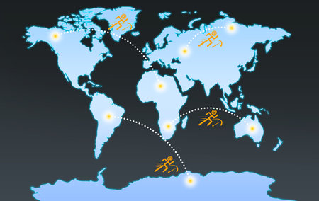 Fast internet connection. Human figures with email address symbol as head connecting spots on world map, illustrationの写真素材
