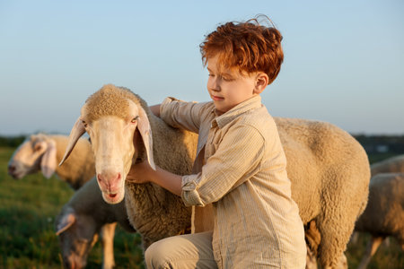 Boy with sheep on pasture. Farm animalsの写真素材