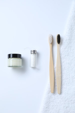 Bath accessories. Flat lay composition with personal care products on white background
