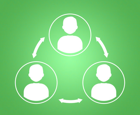 Human icons connected with double arrows on green background, illustration. Multi-user systemの写真素材