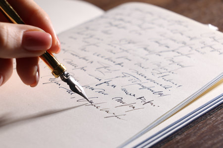 Woman writing with fountain pen in notebook at table, closeup