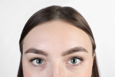 Woman with dry skin on white background, closeup