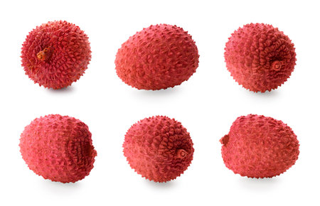 Fresh lychees isolated on white, collection. Tropical fruitの写真素材