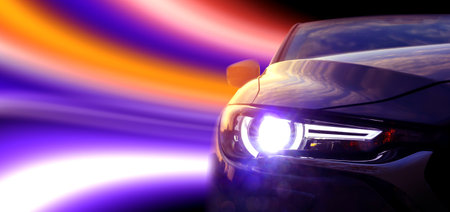 Black modern car and speed light trails, motion blur effect. Banner designの写真素材