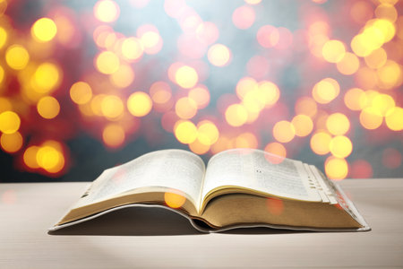 Open Bible on wooden table, bokeh effectの写真素材