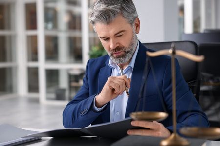 Portrait of handsome lawyer in office, space for textの写真素材