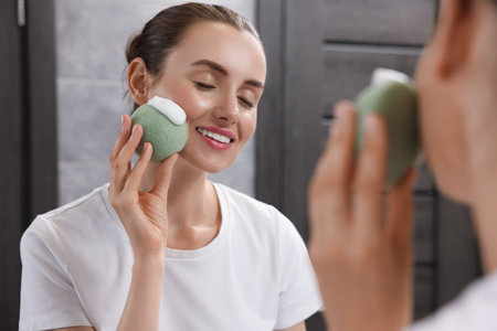 Happy young woman washing her face with sponge near mirror in bathroomの写真素材