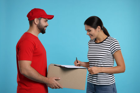 Smiling woman signing order receipt on light blue background. Courier deliveryの写真素材