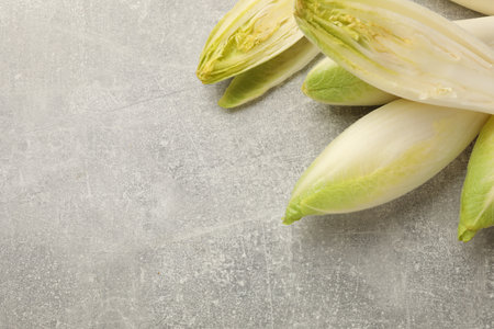Fresh raw Belgian endives (chicory) on light gray table, top view. Space for text