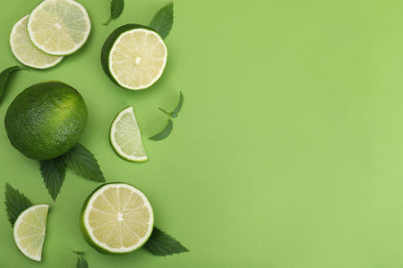 Flat lay composition with fresh limes and leaves on green background. Space for text