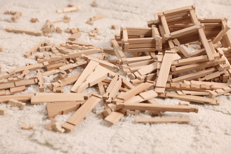 Wooden construction set on carpet indoors. Children's toysの写真素材