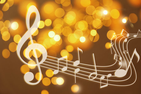 Music notes on golden background, bokeh effect