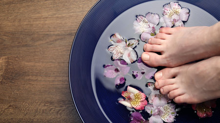 Woman putting her feet in bowl with water and flowers on wooden floor, top view with space for text. Spa treatmentの写真素材